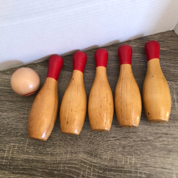 Classic Wooden Five Pin Bowling Set with Red Accents - Picture 8 of 11
